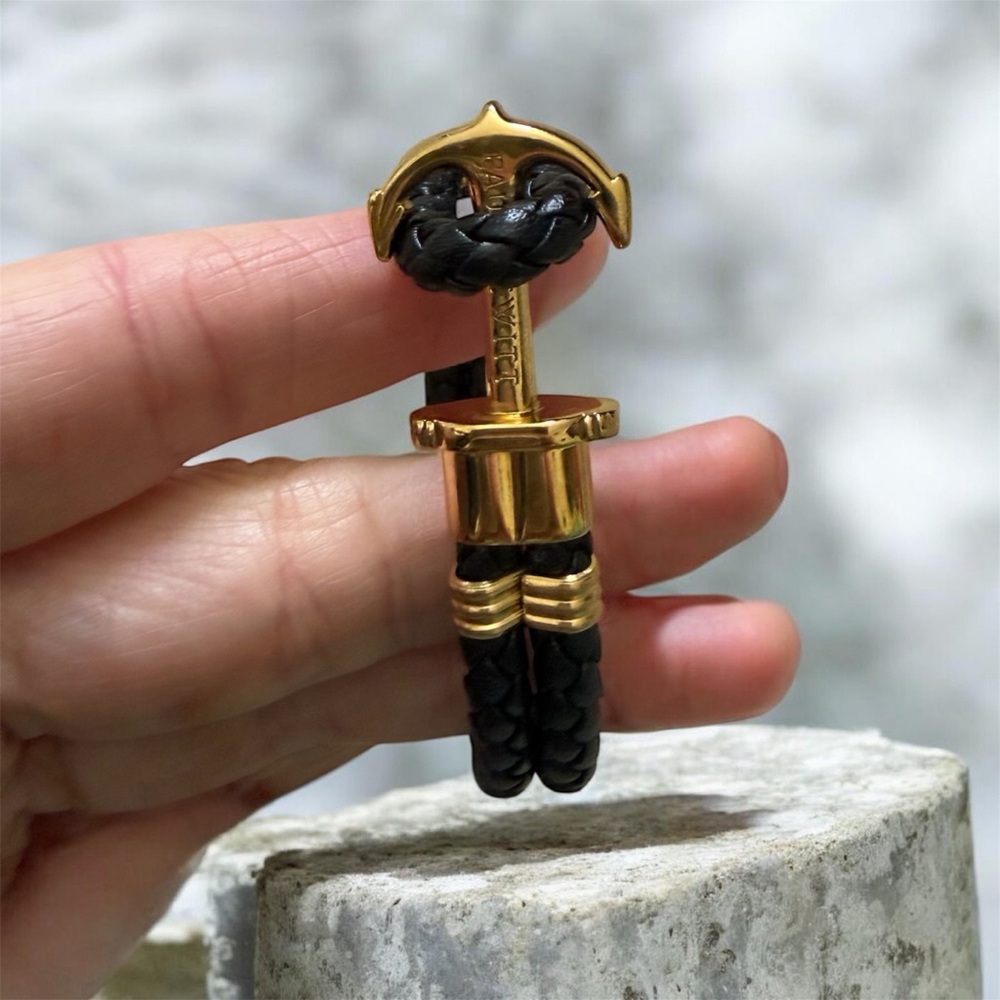 Gold and Black Braided Leather Bracelet -  Anchor Clasp